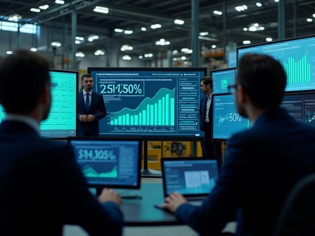 Warehouse with team analyzing cost reduction data
