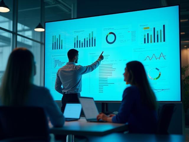 Business team reviewing digital analytics on large screen