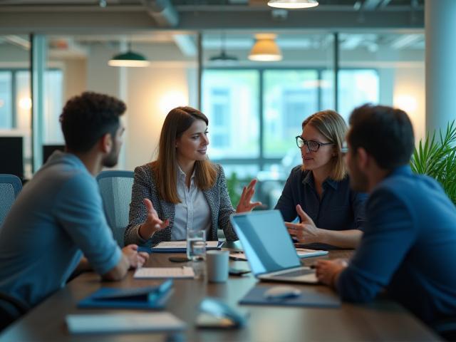Business team discussing digital adoption in office